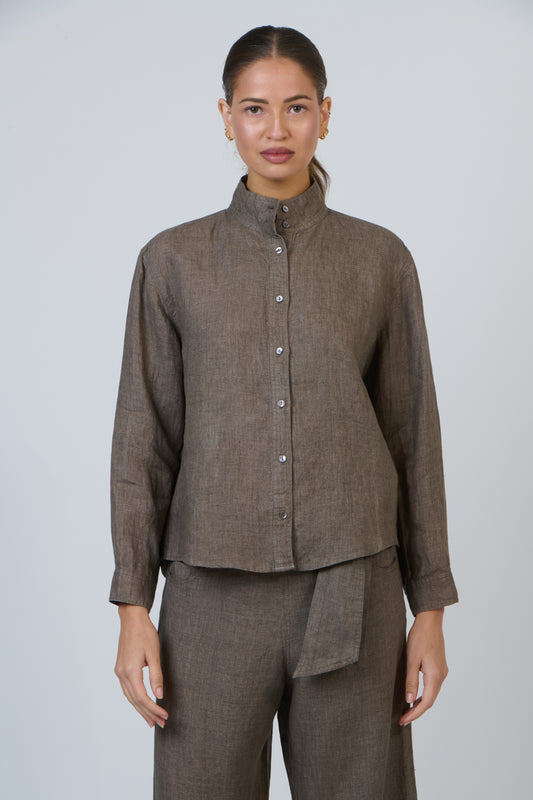 STAND COLLAR LINEN SHIRT - CIGAR