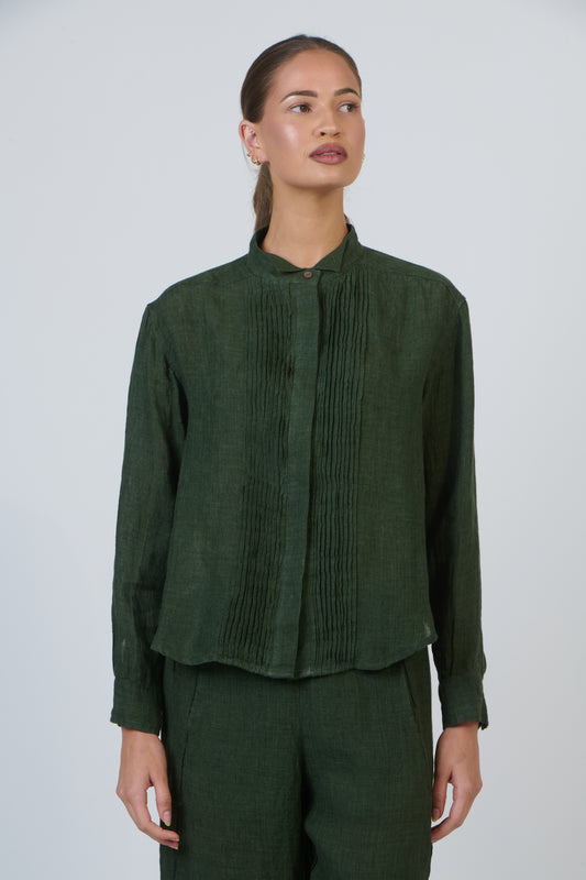 LINEN PLEATED FRONT SHIRT - MYRTLE