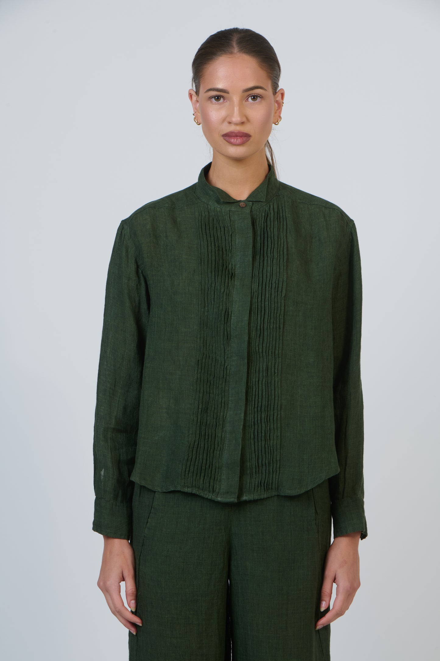 LINEN PLEATED FRONT SHIRT - MYRTLE