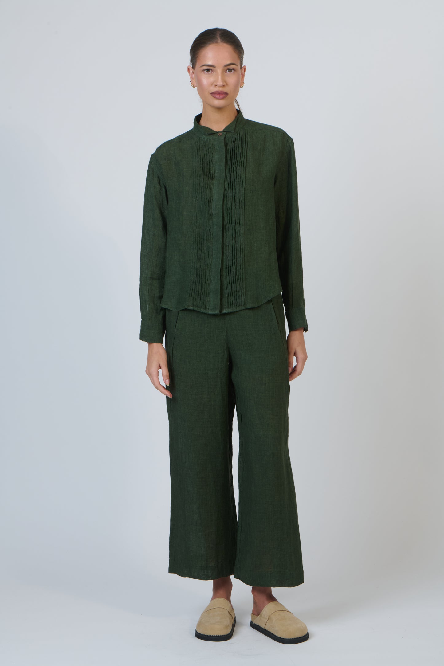 LINEN PLEATED FRONT SHIRT - MYRTLE