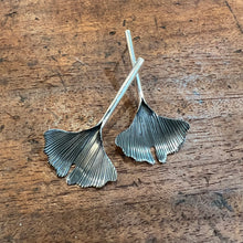 Load image into Gallery viewer, LONG GINKGO DROP EARRING - OXIDIZED STERLING SILVER