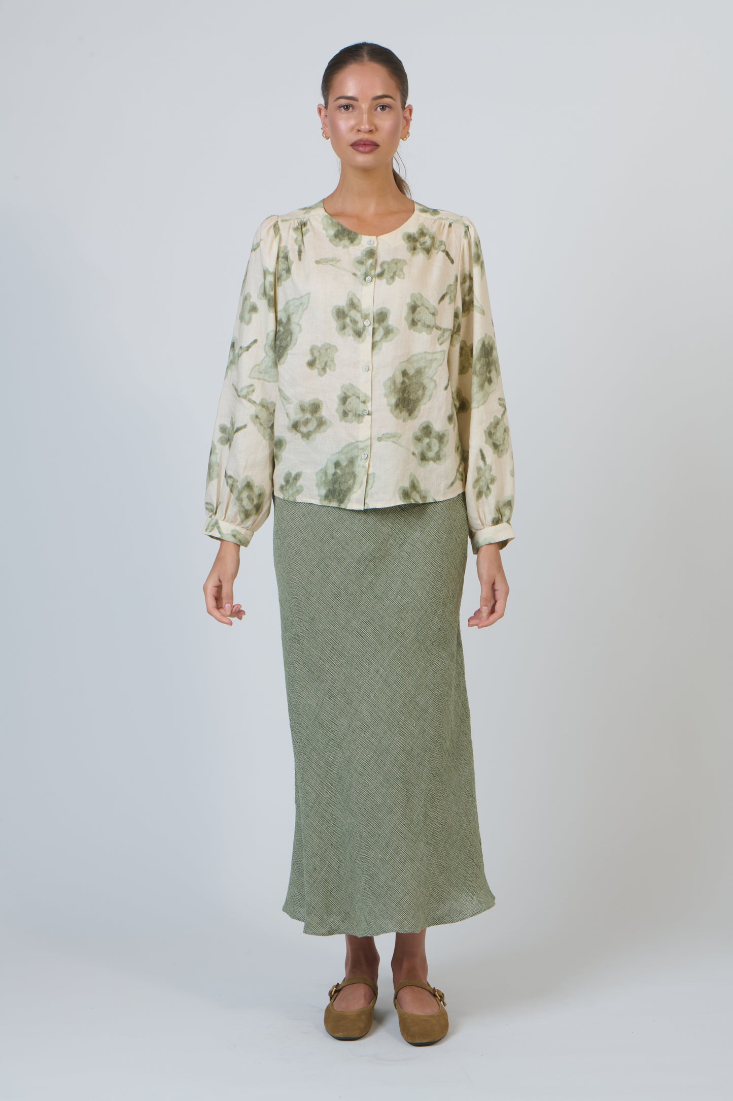 LINEN BUTTON FRONT BLOUSE - PATINA PETALS