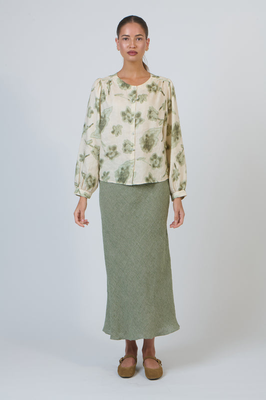 LINEN BUTTON FRONT BLOUSE - PATINA PETALS