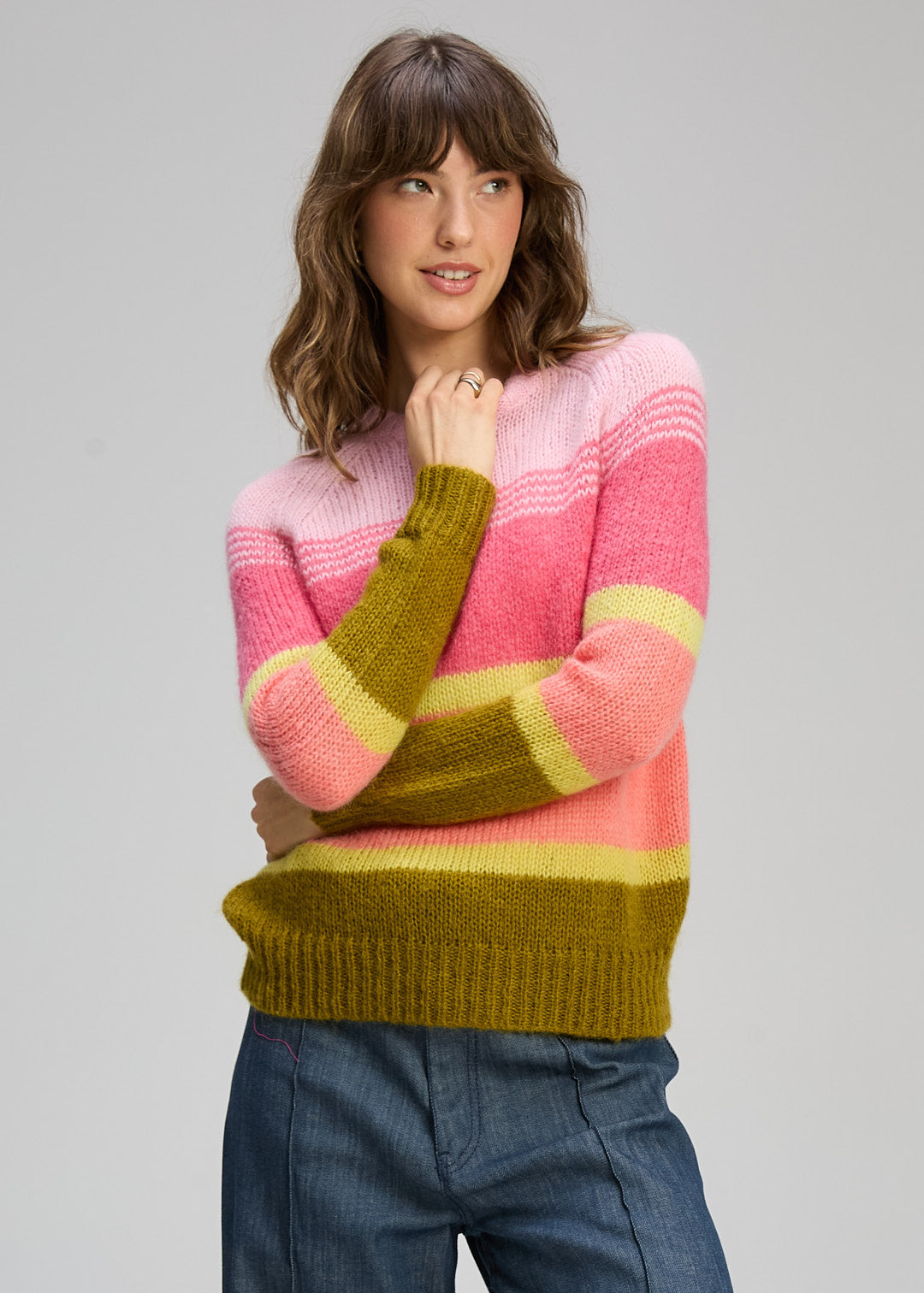 KID MOHAIR STRIPE CREW KNIT  - NEON SORBET