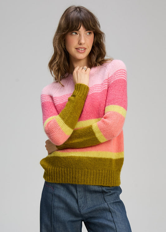 KID MOHAIR STRIPE CREW KNIT  - NEON SORBET