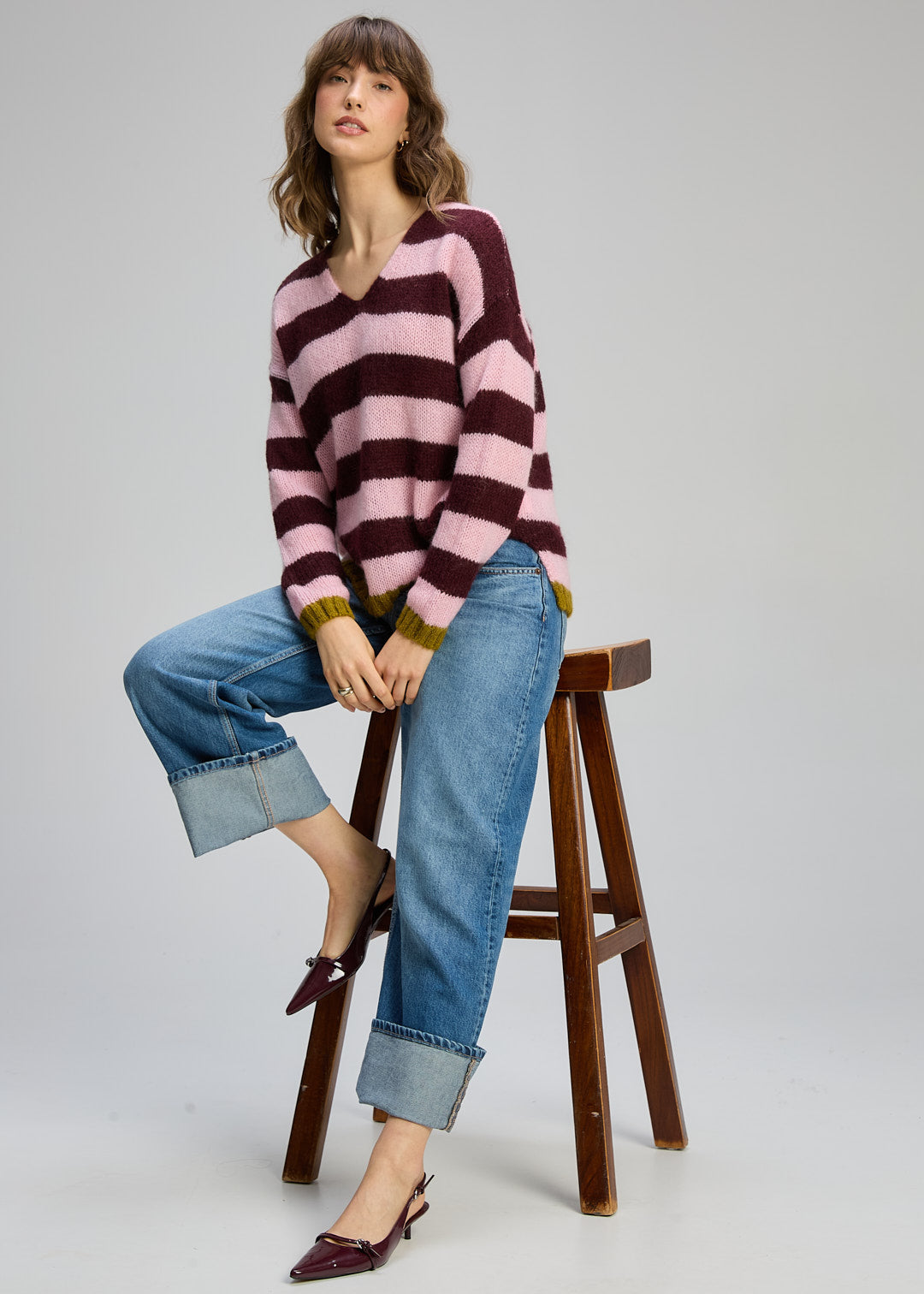 COSY KID MOHAIR STRIPE V KNIT - SUGAR PLUM