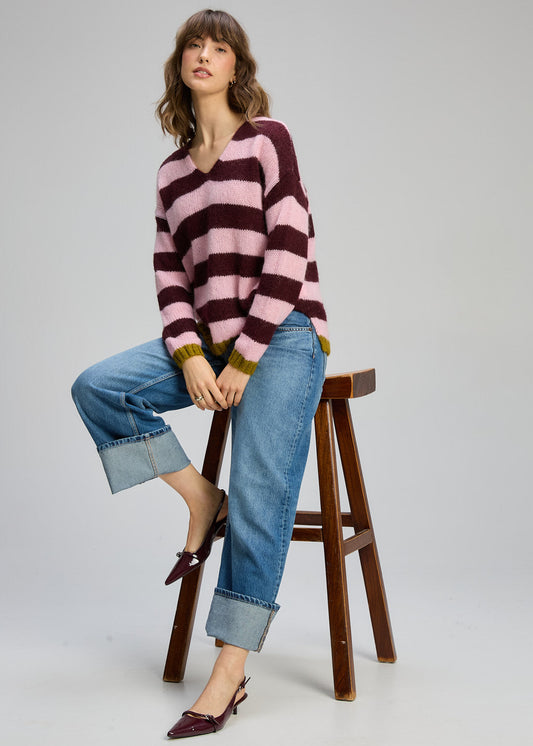 COSY KID MOHAIR STRIPE V KNIT - SUGAR PLUM