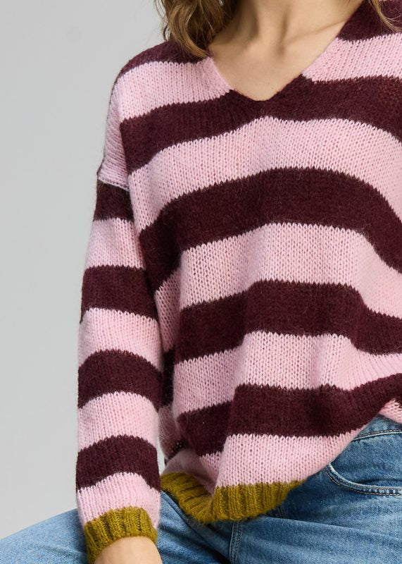 COSY KID MOHAIR STRIPE V KNIT - SUGAR PLUM