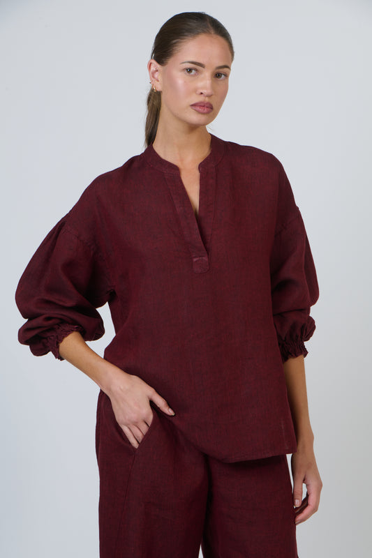 LINEN V-NECK SHIRT - REDWOOD