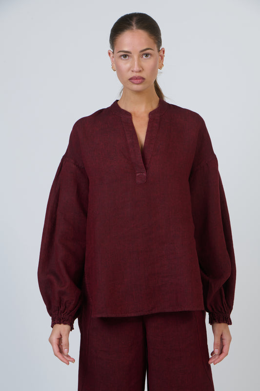 LINEN V-NECK SHIRT - REDWOOD