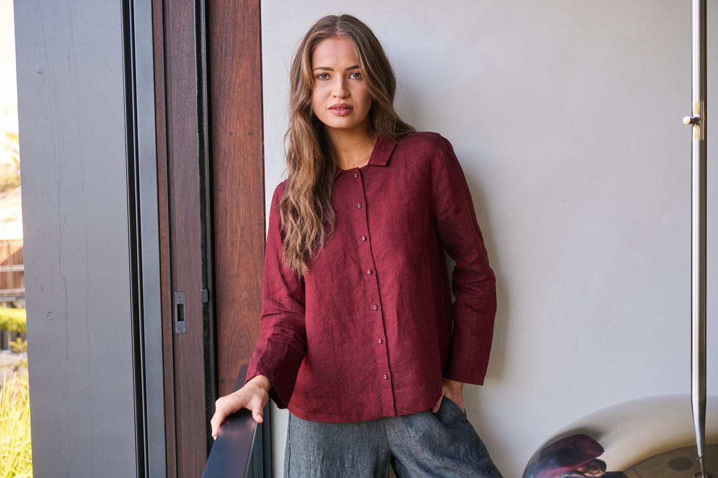 LINEN BUTTON DOWN SHIRT - REDWOOD