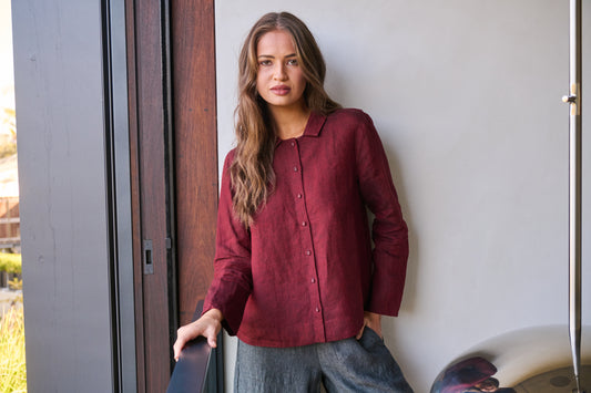 LINEN BUTTON DOWN SHIRT - REDWOOD