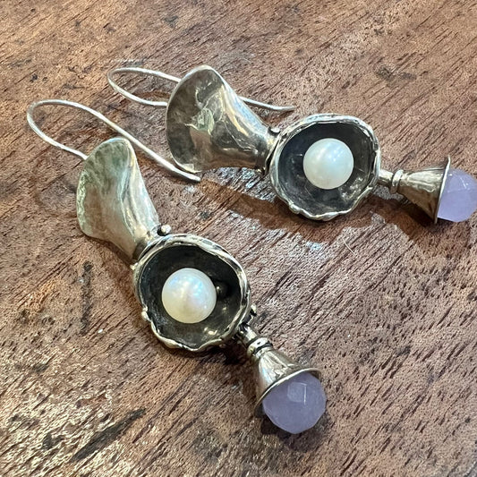 STERLING SILVER & PEARL EARRINGS WITH PINK CRYSTAL DROP
