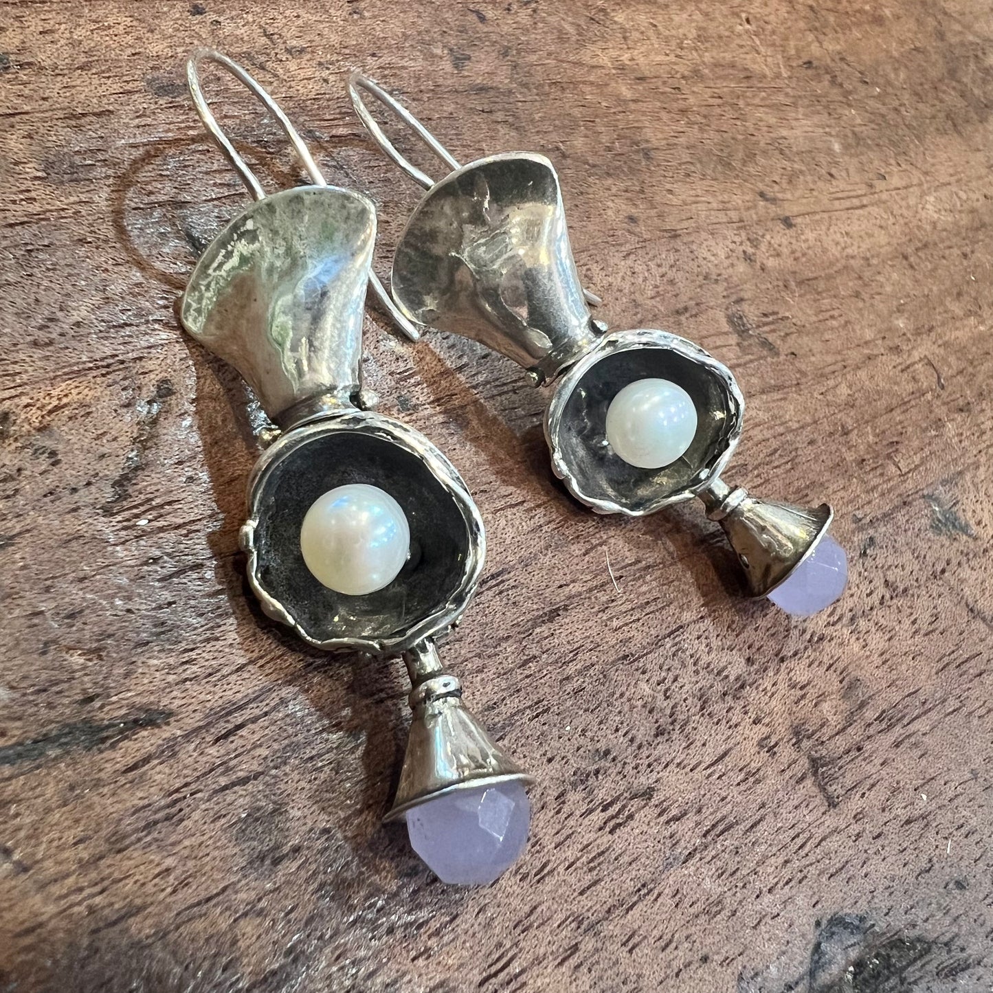 STERLING SILVER & PEARL EARRINGS WITH PINK CRYSTAL DROP