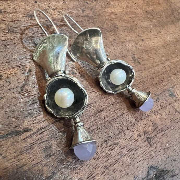 STERLING SILVER & PEARL EARRINGS WITH PINK CRYSTAL DROP