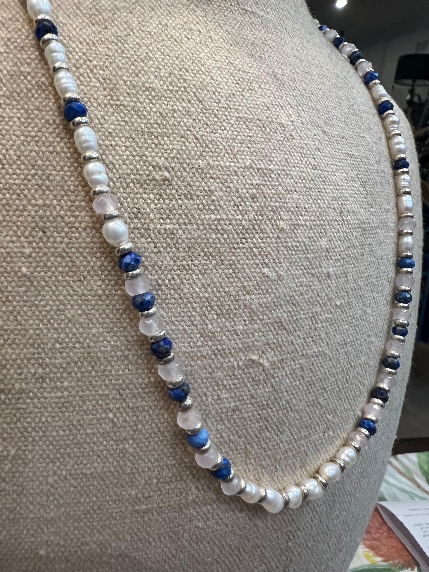 PEARL & GOLD BEADED NECKLACE WITH LAPIS & ROSE QUARTZ