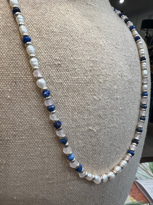 PEARL & GOLD BEADED NECKLACE WITH LAPIS & ROSE QUARTZ