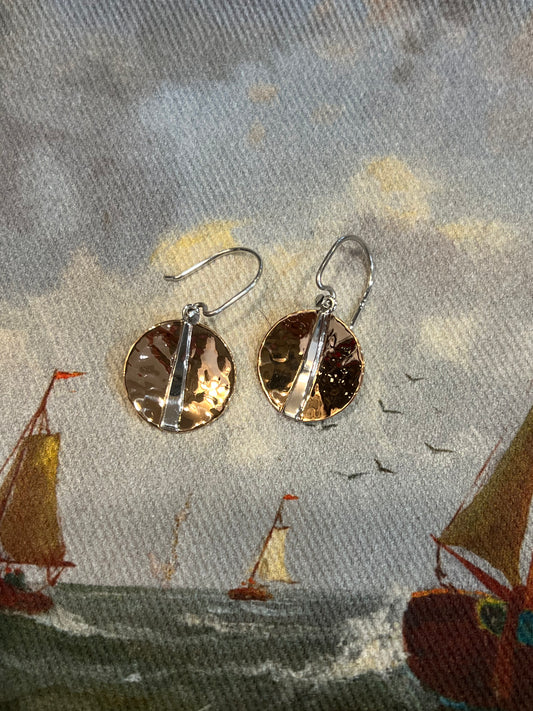 CONCAVE HAMMERED COPPER CIRCLE WITH SILVER WEDGE EARRING
