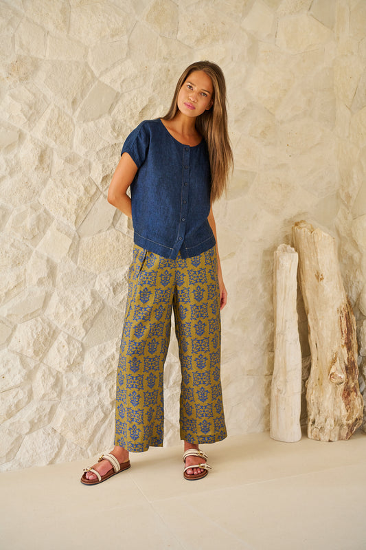LINEN PANT - KHAKI MOTIF PRINT