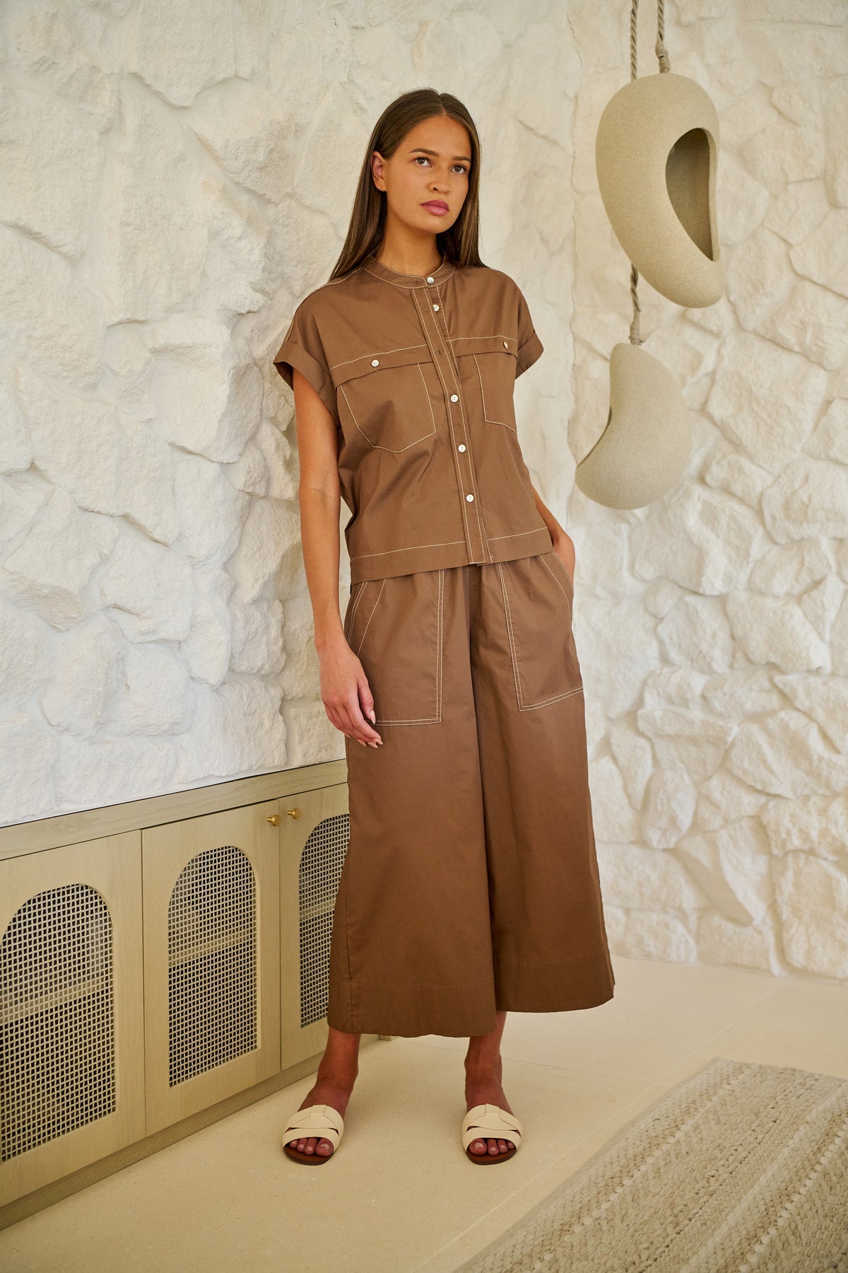 COTTON POPLIN PANTS - COOKIE