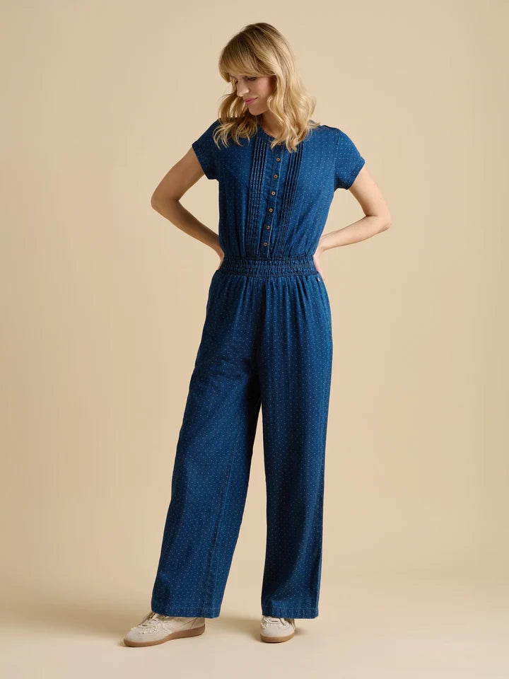 SPOT DENIM WIDE LEG JUMPSUIT - NAVY