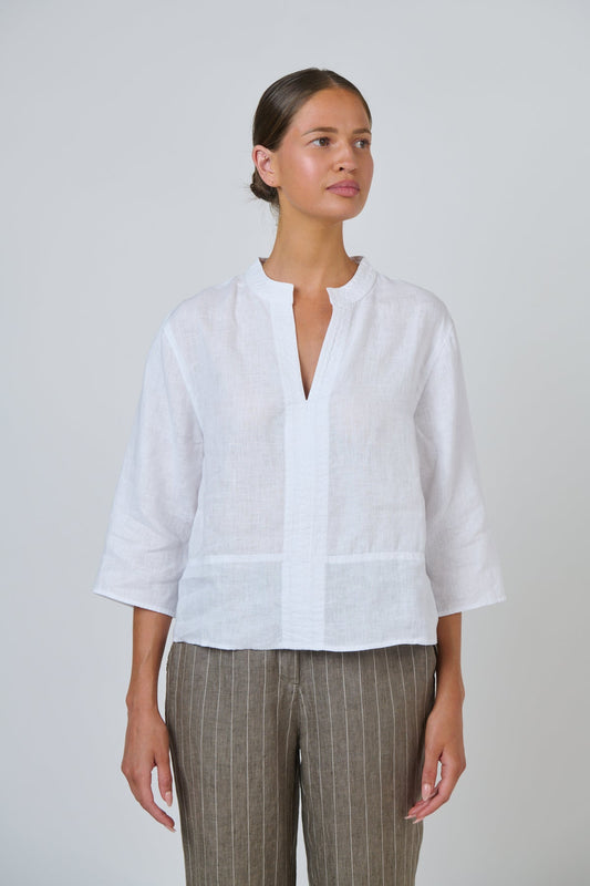 LINEN V-NECK TOP - WHITE