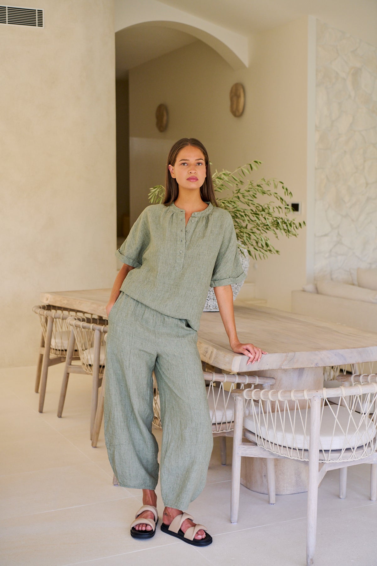 LINEN PANTS - ARTICHOKE