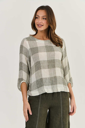 LINEN 3/4 SLEEVE CHECK TOP - KHAKI TERRAZZO