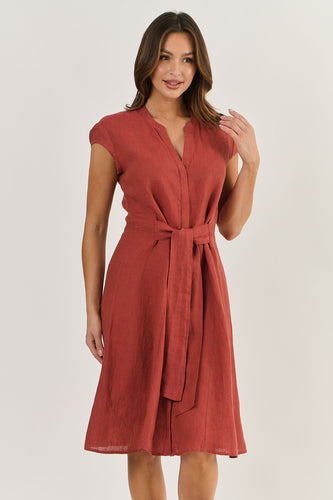 TIE FRONT LINEN DRESS - CEDAR