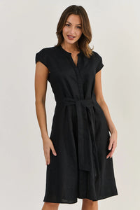 TIE FRONT LINEN DRESS - BLACK