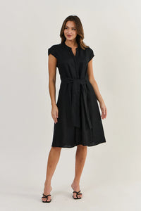 TIE FRONT LINEN DRESS - BLACK