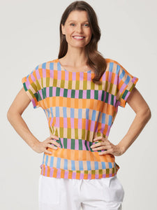 VICKY ROUND NECK TOP - RAINBOW BLOCK