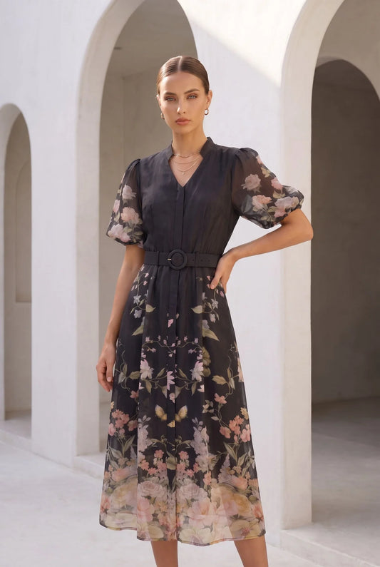 LOUETTA PRINTED DRESS - BLACK