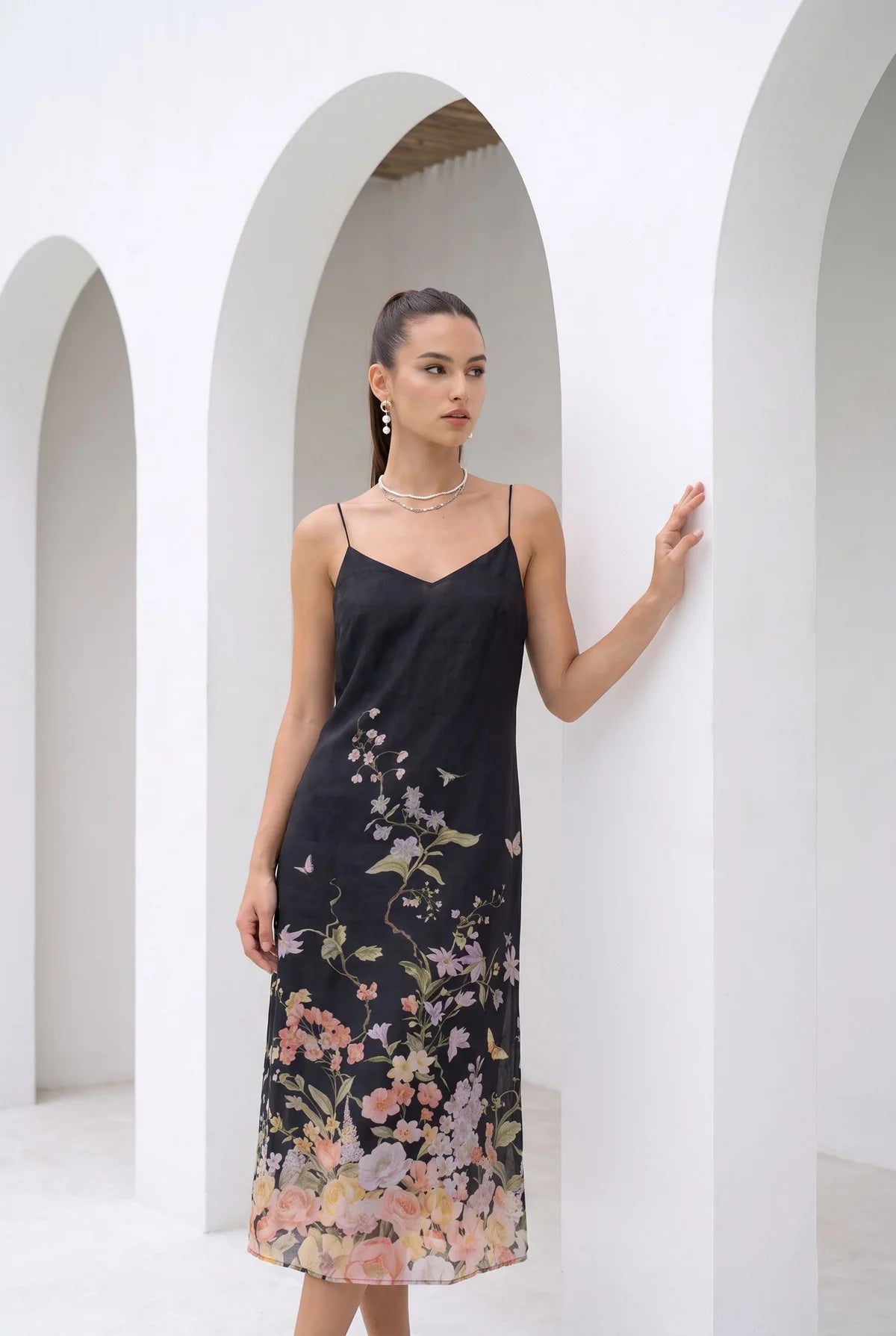 LOUETTA PRINTED SLIP DRESS - BLACK