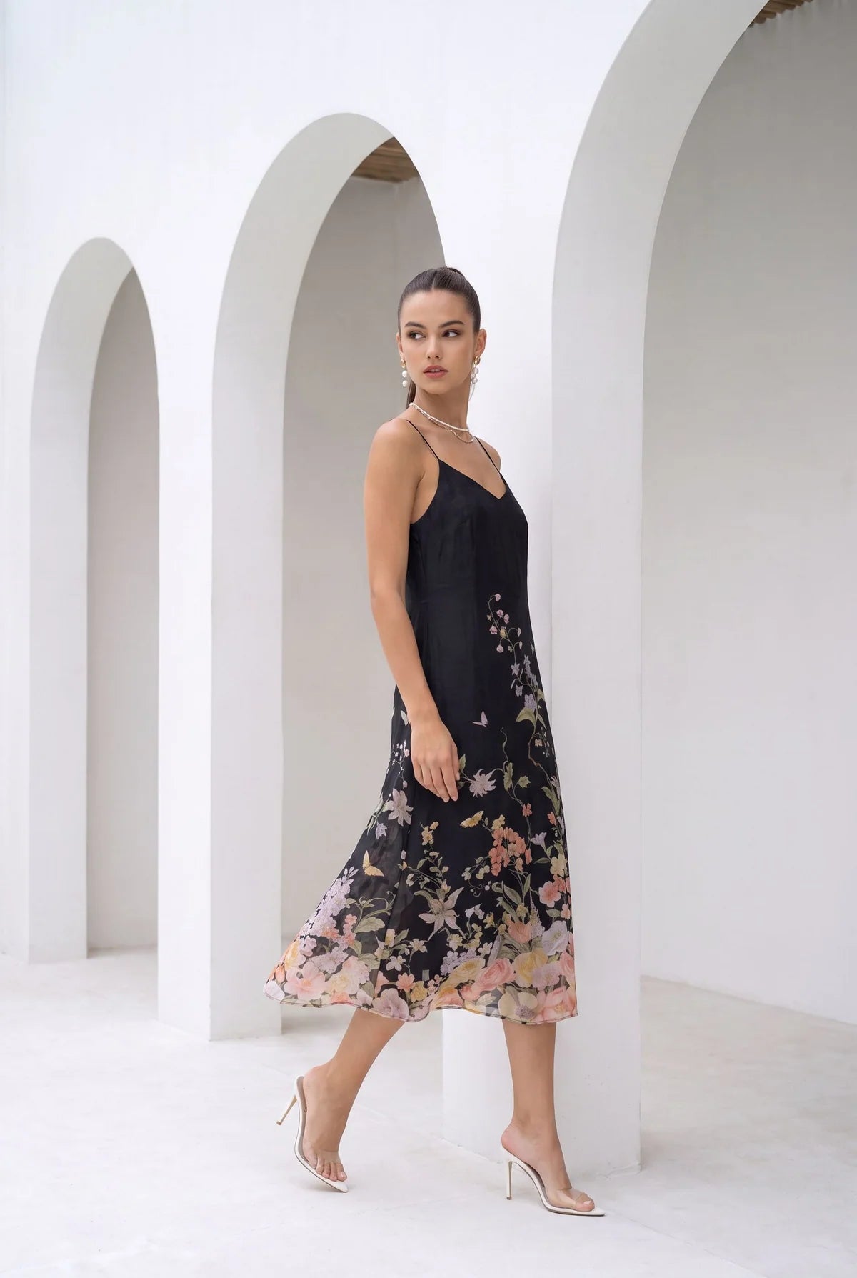LOUETTA PRINTED SLIP DRESS - BLACK