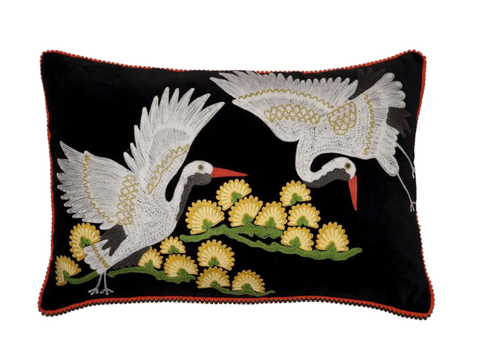 Japanese Crane Lumbar Cushion - Black