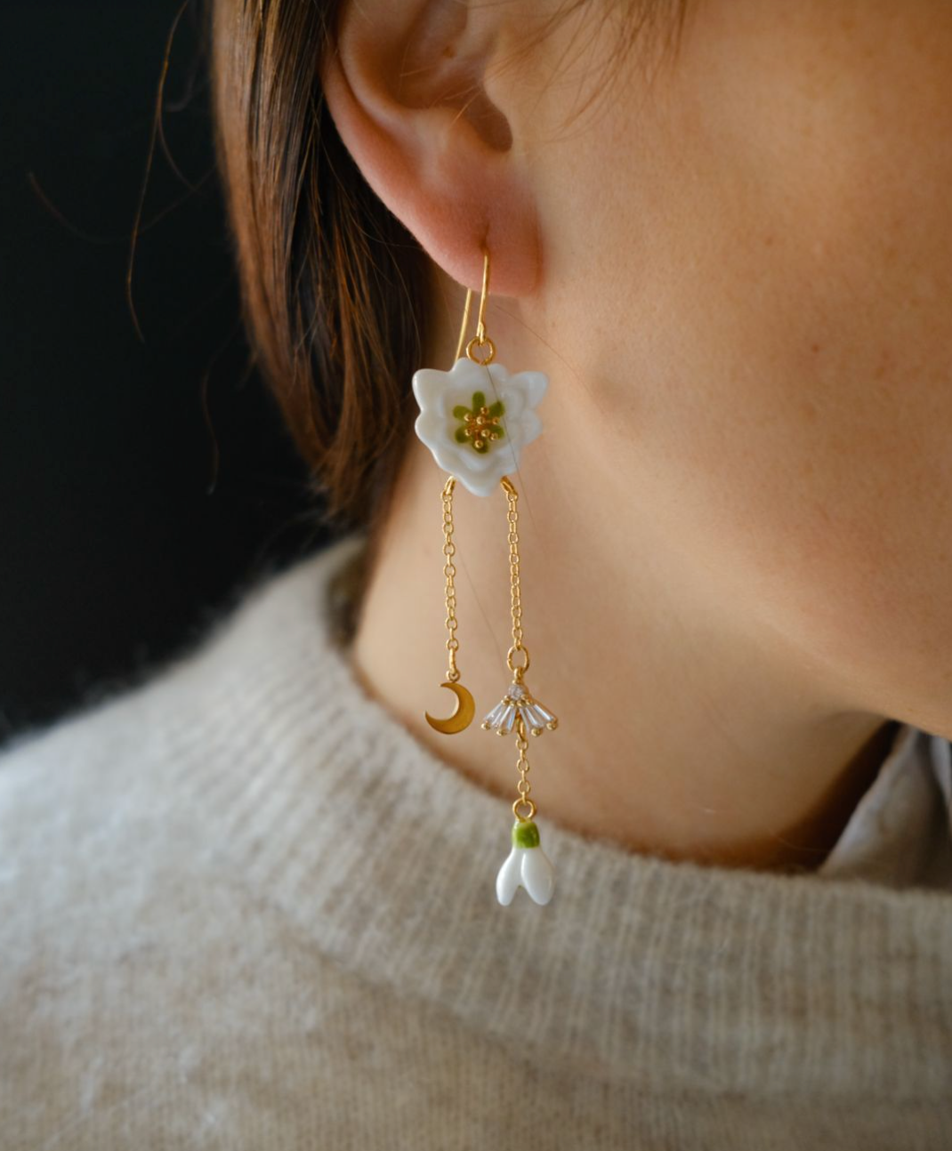 SNOWDROP & MOON PENDANT EARRINGS