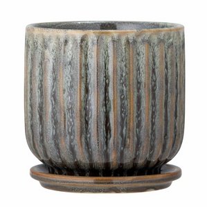 DRAGO FLOWER POT WITH SAUCER - GREEN STONEWARE