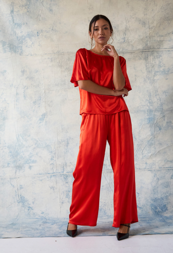 CHARLI RELAXED FIT SILK PANTS - TANGERINE