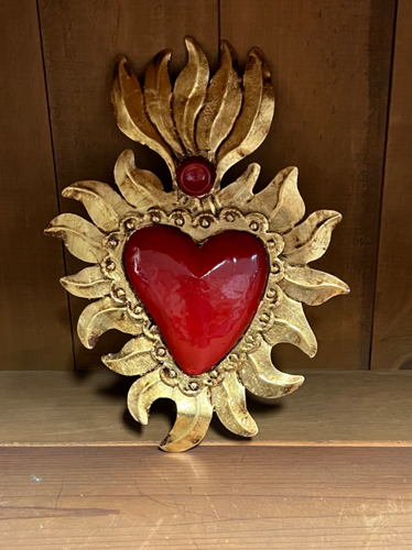 WALL HANGING TIN ANTIQUED LOOK RED HEART GOLD FLAMES