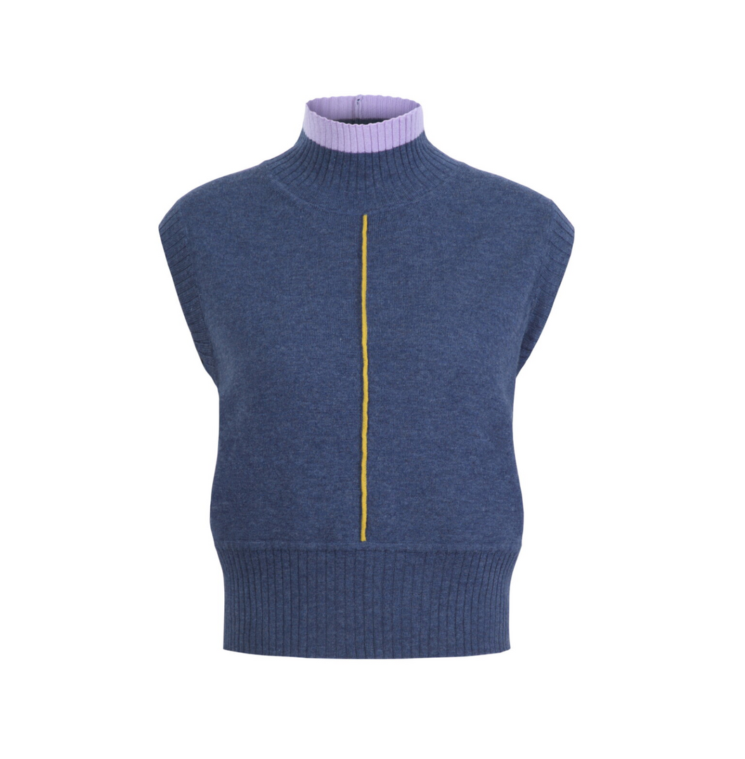 SLEEVELESS PULLOVER - COLOUR BLOCKING STONE BLUE