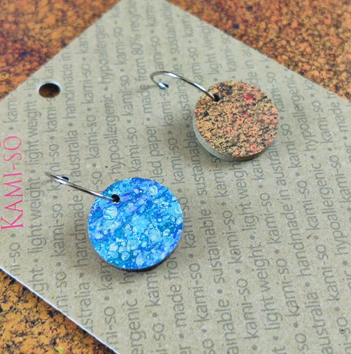 REVERSIBLE MINI CIRCLE RECYCLED PAPER EARRINGS -  BLUE SPECKLE COPPER CRACKLE