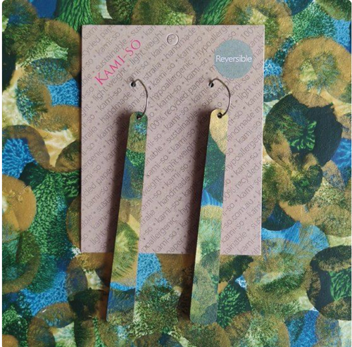 REVERSIBLE LARGE PADDLE RECYCLED PAPER EARRINGS -  GREEN BLUE & GOLD & TAN