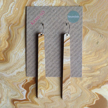 Load image into Gallery viewer, REVERSIBLE LARGE PADDLE RECYCLED PAPER EARRINGS -  GREEN BLUE &amp; GOLD &amp; TAN