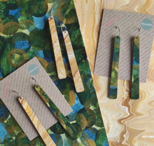 Load image into Gallery viewer, REVERSIBLE LARGE PADDLE RECYCLED PAPER EARRINGS -  GREEN BLUE &amp; GOLD &amp; TAN