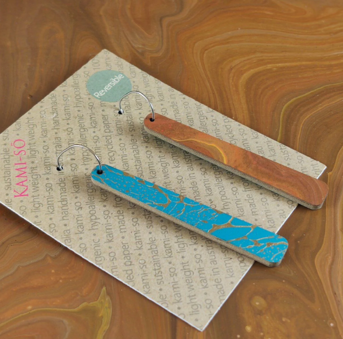 REVERSIBLE SMALL PADDLE RECYCLED PAPER EARRINGS -  TURQUOISE GOLD & BROWN