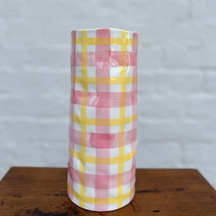 MEDIUM GINGHAM VASE -  PINK & YELLOW