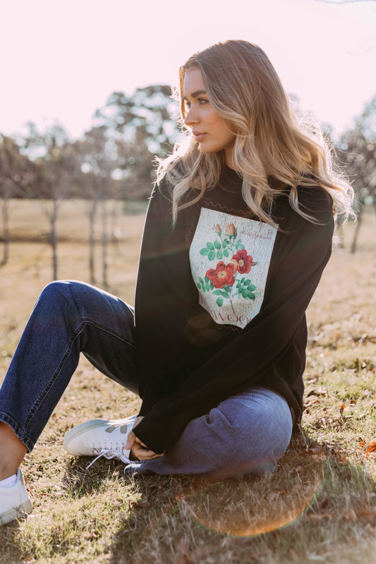 STAMPED FLORAL CREW - BLACK