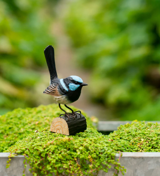 SUPERB FAIRY WREN HANDCARVED DECO BIRD