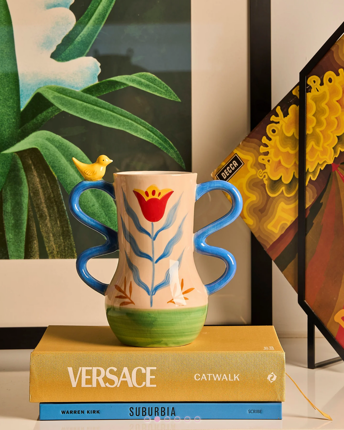 RETRO FOLK STONEWARE HAND PAINTED VASE